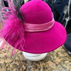 Vintage Mr Charles Pink Wool Hat Feather Wide Brim Dress Church Derby USA